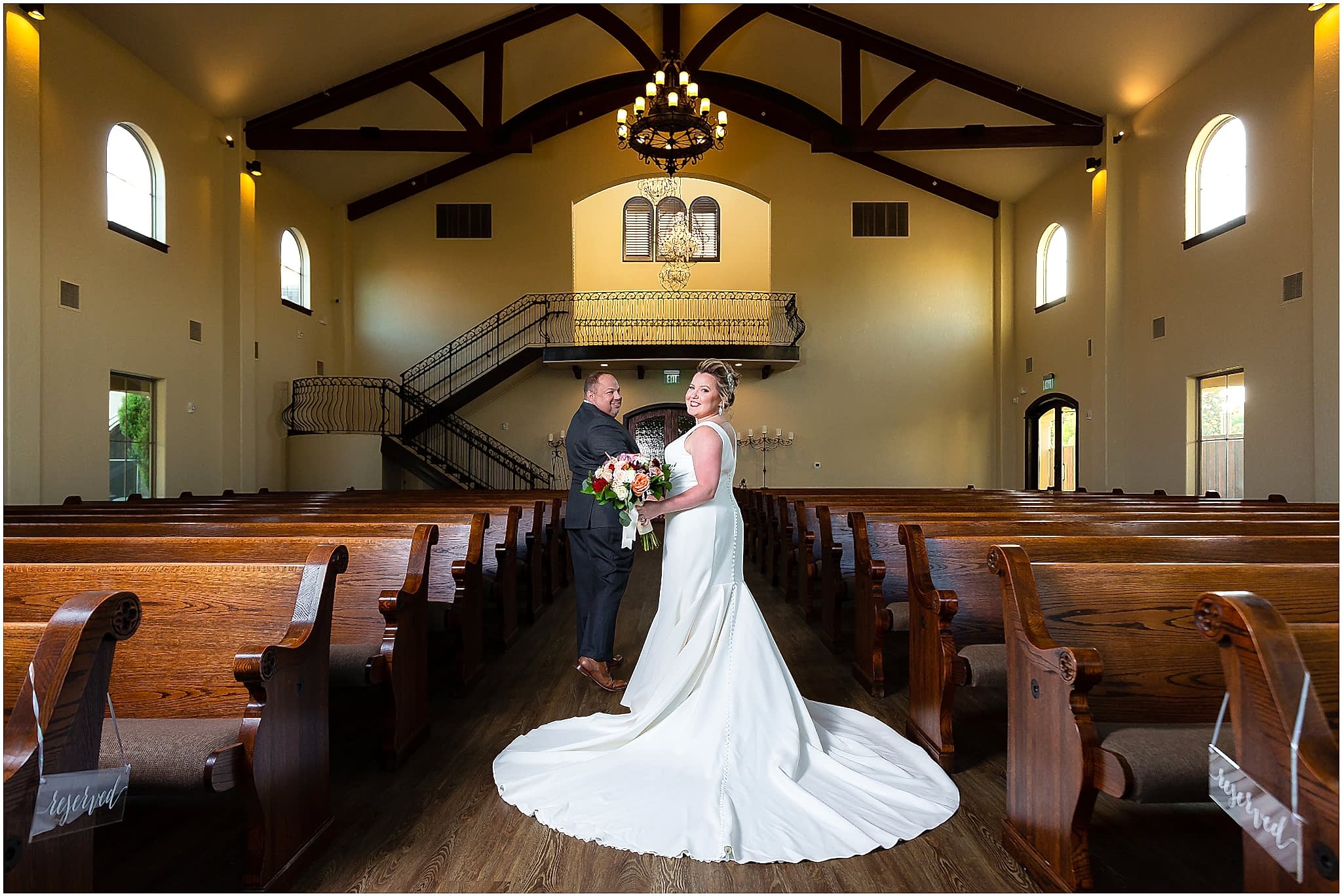 bride and groom walking back down aisle at chapel at ana villa wedding venue in the colony texas